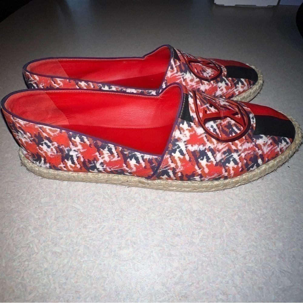 Louis Vuitton blue and red espadrille sandals.